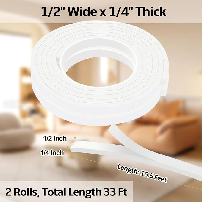1/2 Inch W x 1/4 Inch T EVA Foam Weather Stripping Tape,Self-Adhesive Seal Tape for Doors & Windows-Draft Blocker,Soundproofing,Waterproof Insulation Foam,2 Rolls Total 33FT White