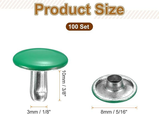 HARFINGTON 100 Sets Double Cap Leather Rivets, 10x10mm Round Cap Tubular Metal Studs Leather Crafting Rivets for Fabric Belt Pet Collar Boot Bag Repair and Decoration, Green