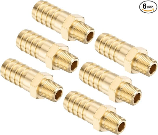 Pack of 6 Brass Hose Barb Fittings Adapter Connector 1/2" Hose Barb to 1/8" NPT Male Fittings for Home Machines, Massage Bathtubs, and Irrigation Systems