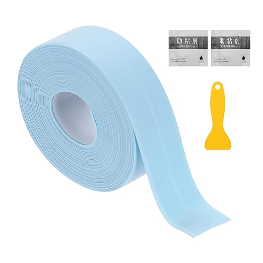 uxcell Caulk Tape Waterproof, 0.83 Inch x 16.4 ft Self-Adhesive Sealant Sealing Strip Caulking Sealant Tape PVC with Tool for Kitchen Sink Toilet Bathroom Bathtub Floor, Blue