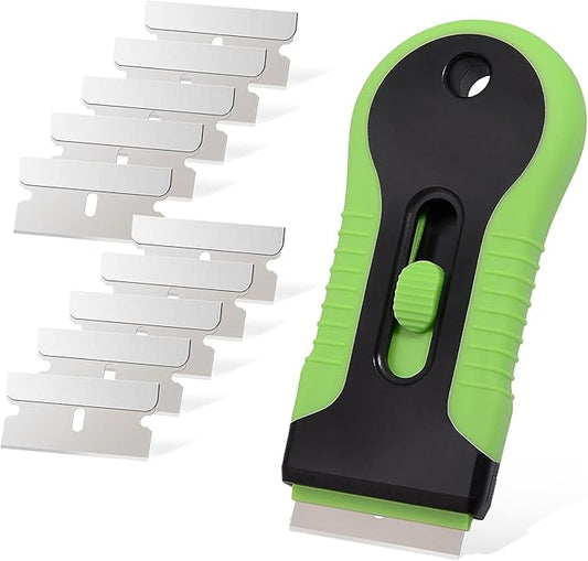 EHDIS Car Sticker Remover Glass Cooktop Razor Scraper with 10pcs Replace Blades for Label,Glue,Paint,Adhesive Remover,Oven Door, Stove Cleaning (Green)