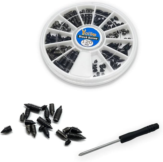 120 pcs Nickel Plated Tip Screws Pointed Cross Slot Leather Accessories 12 Sizes Black Belt Screws Include M2*3-M2*6, M2.5 * 3-M2.5 * 8, M3*3-M3*8 with 2mm Screwdriver for Belt Buckle Wallet Handbag