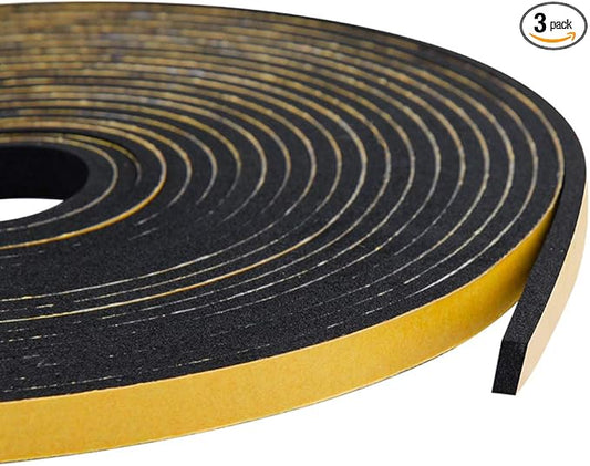 Adhesive Foam Tape 3-Pack, 1/4 Inch Wide X 1/8 Inch Thick, High Density Weather Stripping for Doors & Windows, Seal Strip with Sliding Door Design, 59 Feet Total (19.7ft x 3 Rolls)