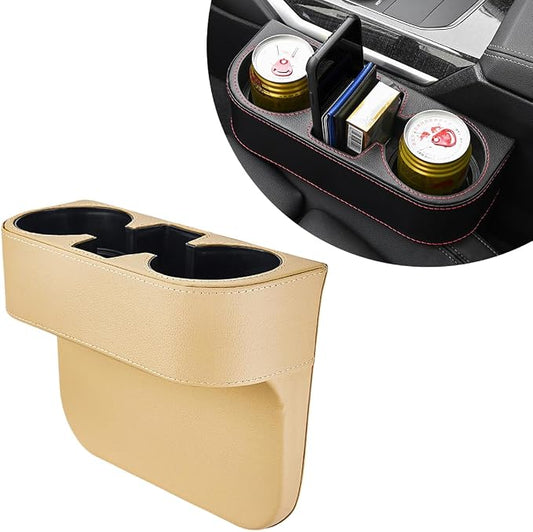 DXNQ Car Cup Holder Gap Filler Organizer, Multifunctional Auto Front Console Gap Filler with Cup Holder, Leather Extra Cup Holder Storage Box for Car Truck SUV, Car Accessories (Beige)