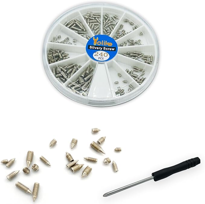 240 Pcs Nickel Plated Carbon Steel Tip Screws (M2*3-M2*6, M2.5*3-M2.5*8, M3*3-M3*8) with 2mm Screwdriver for Belt Buckle, Wallet, Handbag, Purse Repair