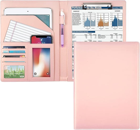 Portfolio Case, Business Portfolio Folder, Cute Padfolio Cover, Conference/Resume/Legal Document Organizer with Letter/A4 Size Clipboard Hardboard, Business Card Holders, Document Sleeve, Pink
