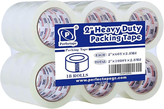 PERFECTAPE Heavy Duty Packing Tape 18 Rolls, Total 1080Y, Clear, 2.8 mil, 1.88 inch x 60 Yards, Ultra Strong, Refill for Packaging and Shipping | Total 1080Y, Ultra Strong, Refill for Packaging and Shipping
