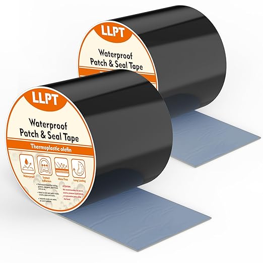 LLPT Waterproof Patch and Seal Tape 4” x 13 Ft 2 Pack Extra Thick Adhesive Layer UV Resistant Backing Permanent Bond Instant Seals for Repairing Gaps Holes Cracks Tears Black (PST62110BK4P2)