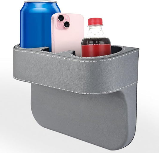 KITUREK Car Cup Holder, PU Leather Cover Auto Front Seat Organizer, Grey | Multifunctional Cup Drink Holder, Gap Filler Coin Bucket Storage Box, Console Side Pocket, Cell Mobile Phone Holder