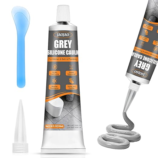 JAOJAO Gray Caulk, Waterproof Gray Silicone Caulk Excellent Adhesion Long-Lasting Flexibility Stable Performance Widely Applicable for Kitchen Sinks Bathrooms Doors and Windows, 100ml