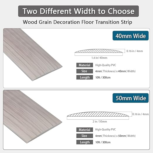 Floor Transition Strip 1.57" Self Adhesive Flat Vinyl Flooring Transitions Strip with Strong Backing Wood Grain (4cm, 10FT, Grey Wood Grain)