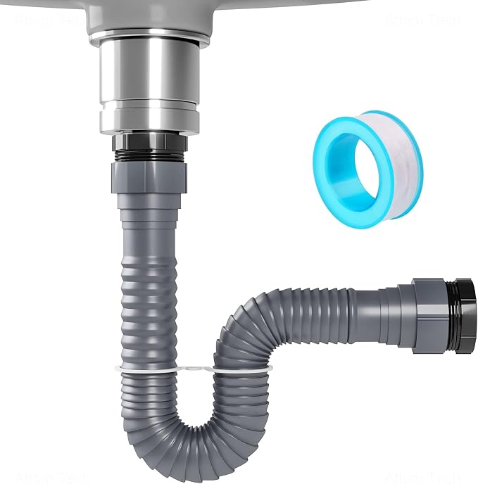 NiHome Flexible P-Trap Drain Kit for Single Kitchen Sink, Universal 1-1/2" or 1-1/4" Wastewater Drainage Tubing with Sealing Tape, Expandable Sink Waste Discharge Pipe Kit for Garbage Disposal (Grey)