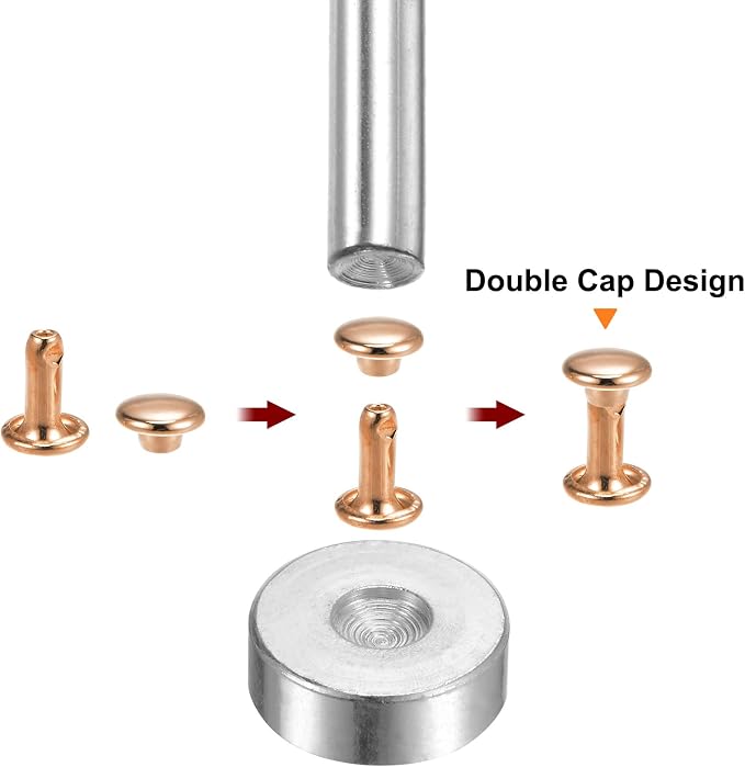 HARFINGTON 100 Sets Leather Rivets 10 x 10mm Metal Double Cap Rivet Snaps Studs Fasteners with 3pcs Setting Tools for Leather Craft DIY Repair Decoration, Light Gold Tone