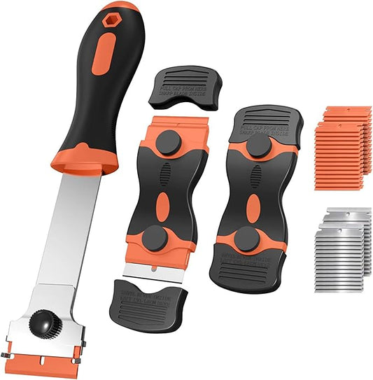 Ywmoml 3 Pack Razor Blade Scraper Set, Includes 30 Plastic & 30 Metal Blades, Multi-Purpose Tool for Glass, Cooktop, Sticker Removal, Paint & Gum Cleaning (Orange)