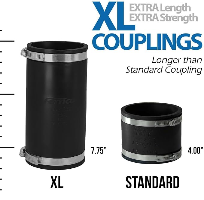 Fernco XL 1056-332 Flexible Pipe Coupling 3” – Extra-Long DWV Connector with Stainless Steel Clamps – Positive Seal for Cast Iron, PVC, Steel & Lead Plumbing Repair