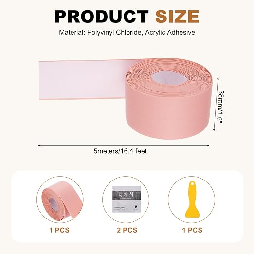 uxcell Caulk Tape Waterproof, 1.5 Inch x 16.4 ft Self-Adhesive Sealant Sealing Strip Caulking Sealant Tape PVC with Tool for Kitchen Sink Toilet Bathroom Bathtub Floor, Pink