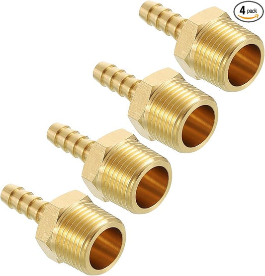 Pack of 4 Brass Hose Barb Fittings Adapter Connector 1/4" Hose Barb to 3/8" NPT Male Fittings for Home Machines, Massage Bathtubs, and Irrigation Systems