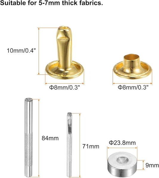 HARFINGTON 100 Sets Leather Rivets 10 x 8mm Metal Double Cap Rivet Snaps Studs Fasteners with 3pcs Setting Tools Rivets for Leather Craft DIY Repair Decoration, Gold Tone