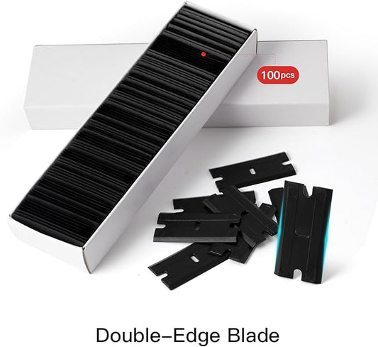 NEWISHTOOL 2 Pcs Long Handle Plastic Razor Blade Scraper With 100 PCS Spare Replacement Blades, Sticker Remover Glue Residue Tool for Hard to Reach Corner
