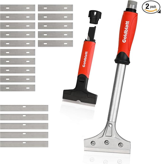 Goldblatt 2 Pieces Glass Scraper Set with 20-piece Blades - 4 Inch Industrial Floor Scraper Tool with Long-Handle, Heavy Duty Razor Holder for Cleaning Caulk, Paint, Glue on Glass, Tiles, Walls