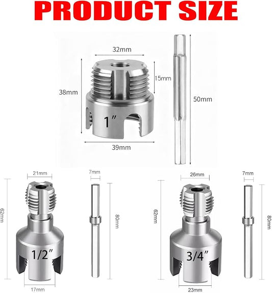 PVC Pipe Threader Kit, 3 Piece Set, 1/2", 3/4", 1" NPT, Internal and External Threading, Compatible with Electric Drill for PVC, PPR, MPP Pipes (1/2in+3/in+ 1in)