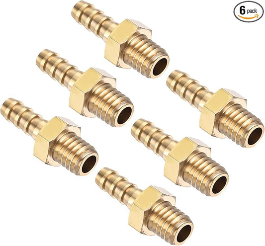 Pack of 6 Brass Hose Barb Fittings Adapter Connector 4mm Hose Barb to M6x1 Male Fittings for Home Machines, Massage Bathtubs, and Irrigation Systems