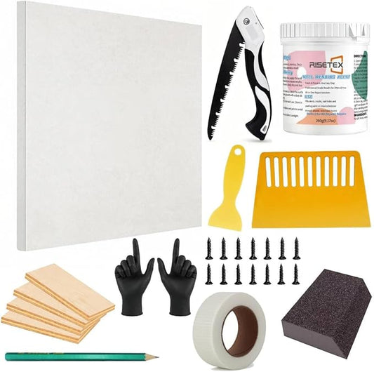 Drywall Repair Kit，34 Pcs 12x12inch Wall Patch Kit with Saw& Wood Boards，Drywall Patch Kit for Large Holes，Sheetrock Repair Kit for Cracks, Dents & Nail Holes-Quick & Easy Wall Surface Repair Solution