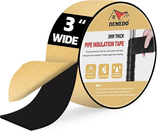 DEMEDO Pipe Insulation Tape, Pipe Wrap Insulation Foam Tape Self Adhesive, Outdoor Water Pipe Insulation Roll for HVAC, AC Line Insulation, 3 inch x 16.5 FT Heat Tape for Water Pipe, Black