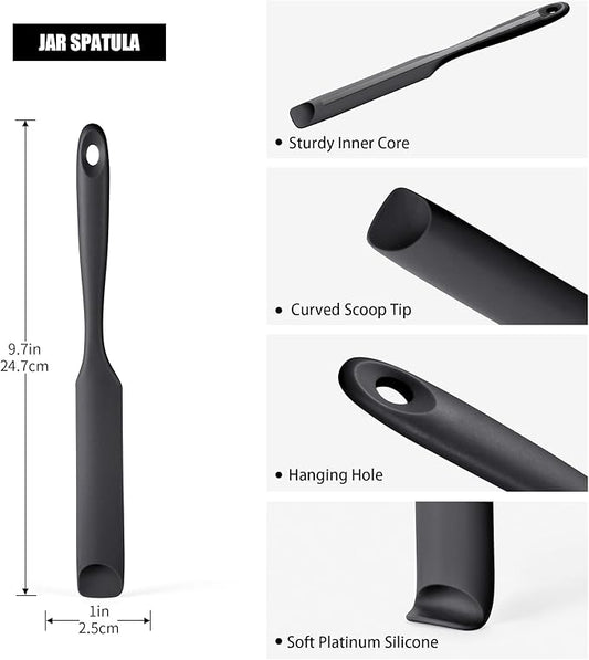 Doosu Silicone Jar Scraper Spatula, 600°F Heat Resistant Rubber Scraping Tool for Jam Nut Butter Sourdough, Flexible Skinny Cream Spreader Long Slim Kitchen Spurtle for Jar Blender Bottle (Black)