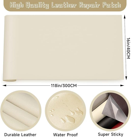 Leather Repair Patch, Self Adhesive Leather Repair, Large Leather Repair Tape for Sofa, Car Seats, Furniture, Cabinets, Chairs, Handbags （Beige, 16X118 inch