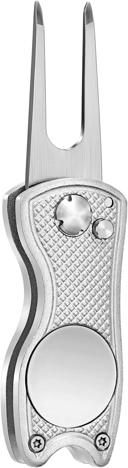 Mile High Life Golf Divot Repair Tool, All Metal Foldable Divot Tool with Pop-up Button & Magnetic Ball Marker, 2-6 Pack