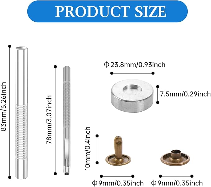 100 Sets Leather Rivets 9x10mm Double Cap Rivets Snaps Metal Studs Fasteners with 3pcs Setting Tools for Leather Craft DIY Repair Decoration, Bronze