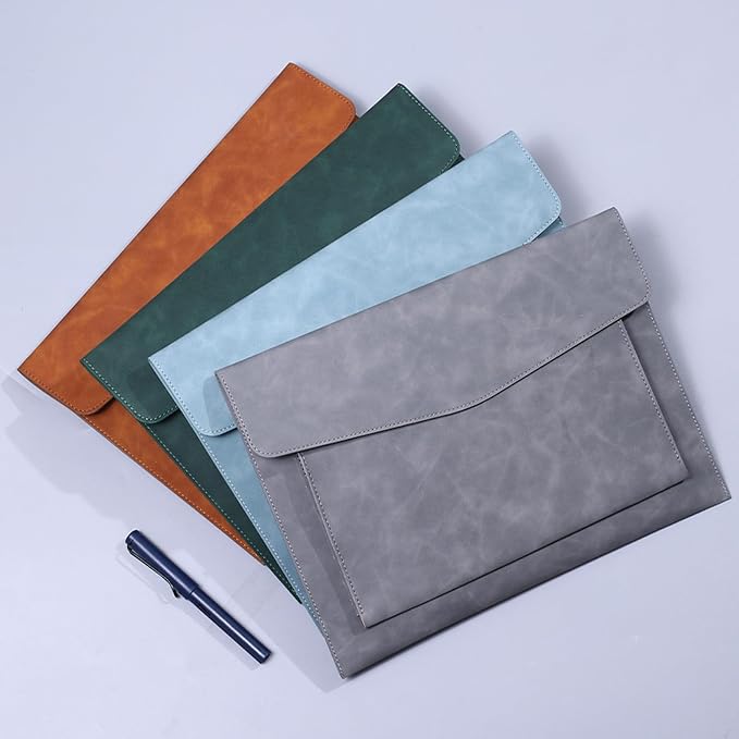 PU Leather A4 File Folder Document Holder with 2 Compartments Envelope Folder Case with Snap Closure for Receipt Contract (Green)