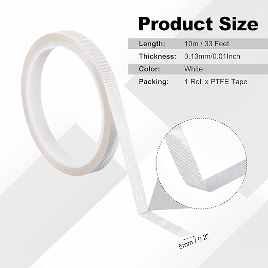 PATIKIL Heat Resistant Tape, 0.2 Inch x 33 Feet High Temperature Tape PTFE Adhesive High Heat Tape Waterproof for Vacuum Sealer Machine Insulation Protection, White, 0.13mm Thick