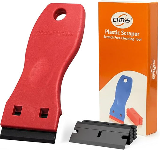 EHDIS 1.5" Plastic Razor Scraper Tool with 10pcs Double Edged Blades for Adhesive Remover,Removing Labels Stickers Decals Taping on Glass Windows (Red)