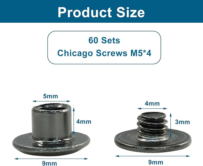 60 Sets Black Chicago Screws, M5*4mm Leather Rivets Screw Rivets Buttons DIY Leather Trim Craft Bookbinding for Decorate Repair Belt Bag Shoes Purse