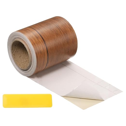 uxcell Wood Tape, 2 Inch x 16ft Self-Adhesive Wood Grain Repair Tape Patch with Plastic Scraper for Baseboards, Doors, Windows, Floor Repair and Furniture Renovation, Dark Brown