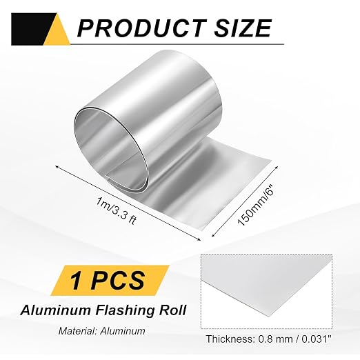 uxcell Aluminum Flashing Roll, 6in x 3.3ft Metal Roof Panels 0.8mm Waterproof Aluminum Sheet Roll for House Repair, Roof Flashing, Sealing Windows Doors, DIY Projects