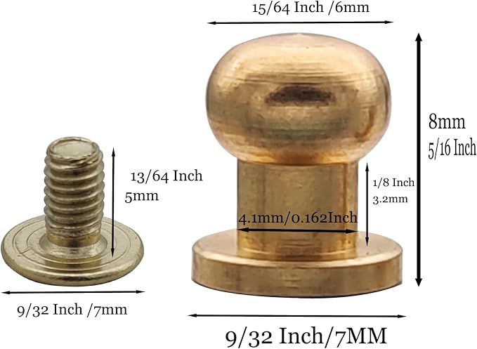 Denailey 12 Sets Solid Brass Round Head Button Stud Screw Leather Rivet Chicago Screws Button Rivets for Leather Craft Belt Wallet Handbag Repairs Decoration (Round Head Size 6mm, Shiny Silver)