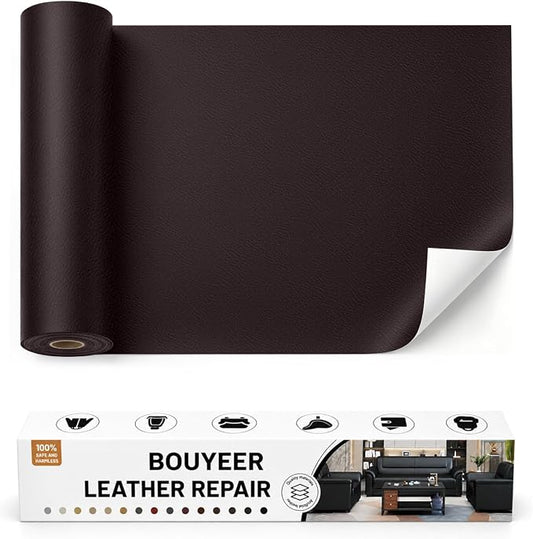 BOUYEER Leather Repair Patch Tape Kit,Self Adhesive Leather Repair for Sofa，Car Seat,Office Chair,Furniture,Jacket,Waterproof Strong Adhesive Vinyl Repair Kit. 17 in x 79 in,Fine Grained Dark Brown