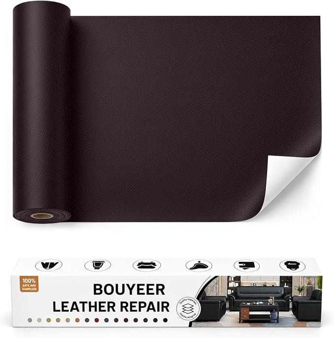 BOUYEER Leather Repair Patch Tape Kit,Self Adhesive Leather Repair for Sofa，Car Seat,Office Chair,Furniture,Jacket,Waterproof Strong Adhesive Vinyl Repair Kit. 16 in x 31 in,Fine Grained Dark Brown