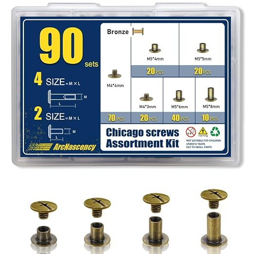 90 Sets Bronze Chicago Screws Leather Rivets Kit, 4 Sizes (M5*4,5,6,8) & 2 Screw Lengths (M4*3,4) for Belts, Bookbinding, DIY Leather (Bronze)