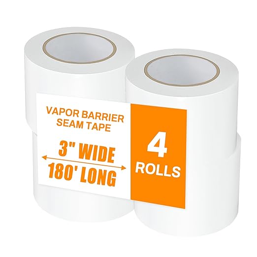 Vapor Barrier Tape, High-Adhesion Waterproof Seam Tape, Insulation Tape 3" Wide x 180' Long, PE Seal Tape 9 mm, for Crawlspaces Barriers Seal and Seam Insulation Repairs & Plastic Liners, 4 Roll