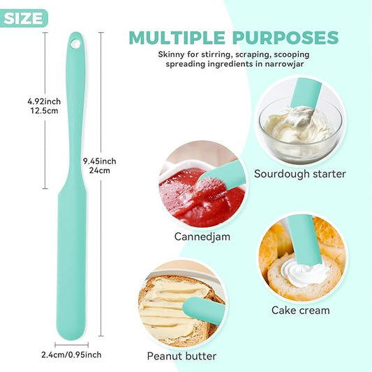 Silicone Jar Spatula Set of 5, Long Handle Skinny Spatula and Spurtle for Sourdough Starter, Flexible Jar Scraper for Peanut Butter, Jam, Icing, Cream with No Batter Left Behind (5)