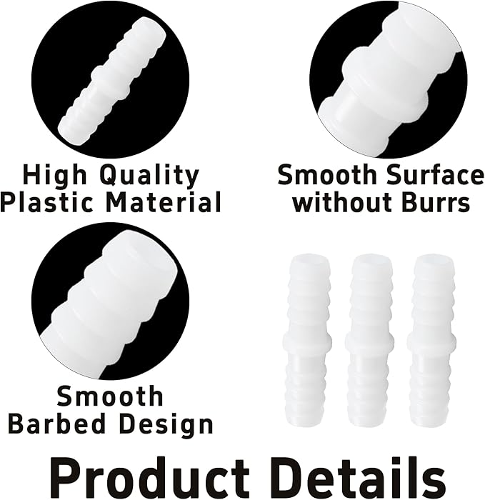 6Pcs 1/2" x 1/2" Plastic Hose Barb Fittings, Barbed Splicer Mender Joint Adapter Union Connectors for Aquarium, Household, Fuel, Gas, Liquid, Air Hose Repair