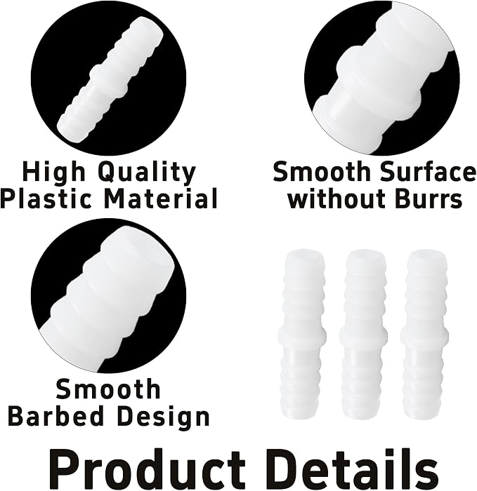 12Pcs 1/2" x 1/2" Plastic Hose Barb Fittings, Barbed Splicer Mender Joint Adapter Union Connectors for Aquarium, Household, Fuel, Gas, Liquid, Air Hose Repair