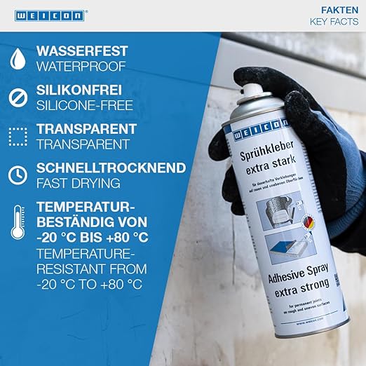 WEICON Adhesive Spray Extra Strong 500 ml | Transparent | Adhesive Spray for Felt, Foam, Leather, Carpets, Rubber, Wood | Craft Material Adhesive | Multipurpose | Strong Spray Glue | Industrial Grade
