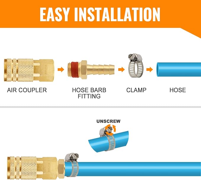 SUNGATOR 2-Pack 1/4'' Air Hose Barb Fittings, Brass 1/4 Inch NPT Male Barbed Air Hose Repair Kit with Sealant, 1/4'' Barbed Gas Line Repair Brass Fittings with 2 Pcs Clamps