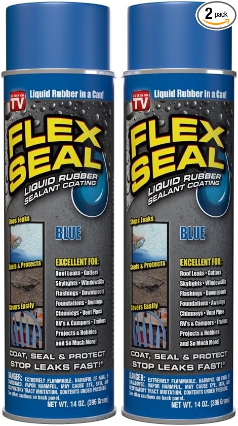 Flex Seal, 14 oz, 2-Pack, Blue, Stop Leaks Instantly, Waterproof Rubber Spray On Sealant Coating, Perfect for Gutters, Wood, RV, Campers, Roof Repair, Skylights, Windows, and More