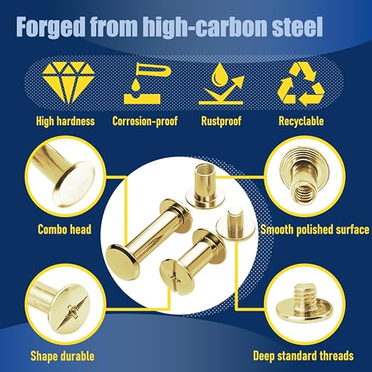 90 Sets Gold Chicago Screws Leather Rivets Kit, 4 Sizes (M5*4,5,6,8) & 2 Screw Lengths (M4*3,4) for Belts, Bookbinding, DIY Leather (Gold)